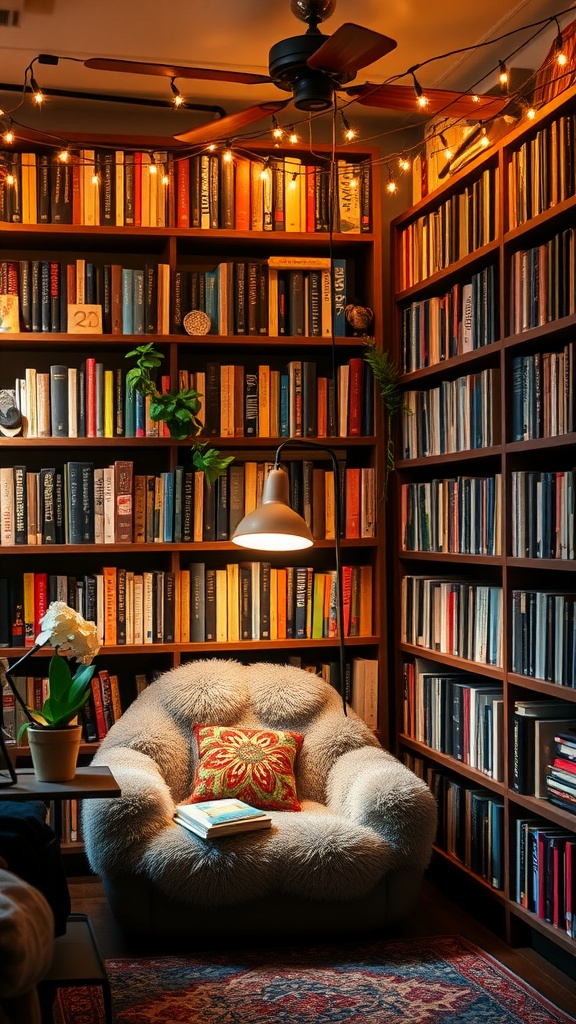 A cozy home library featuring bookshelves filled with books, a plush reading chair, and string lights creating a warm atmosphere.