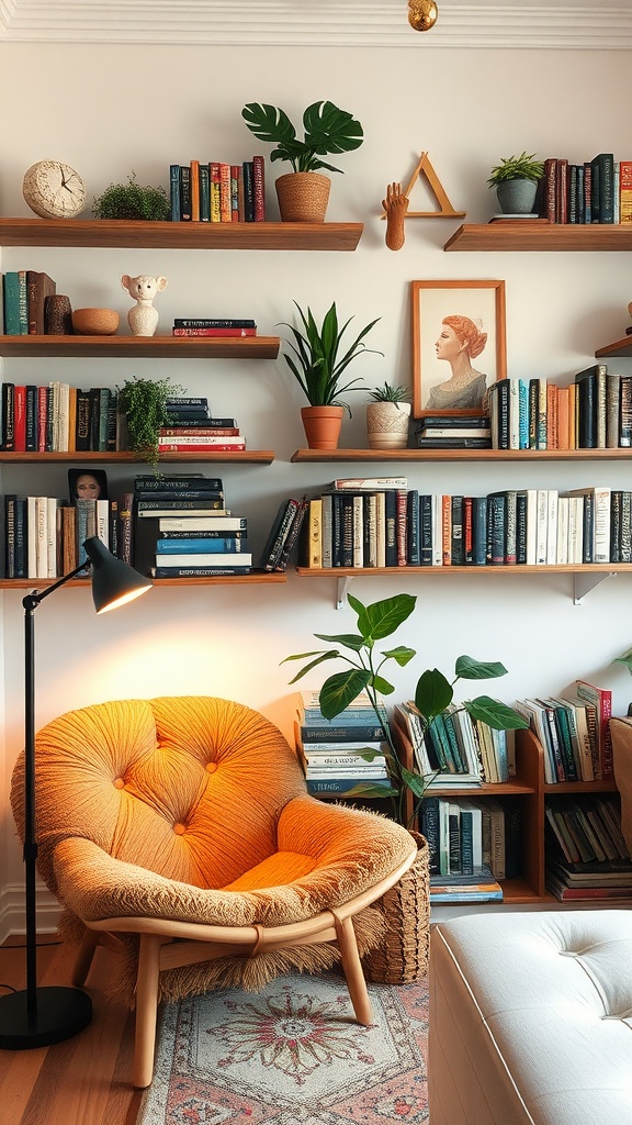 A cozy home library with floating shelves filled with books, plants, and a comfortable chair.