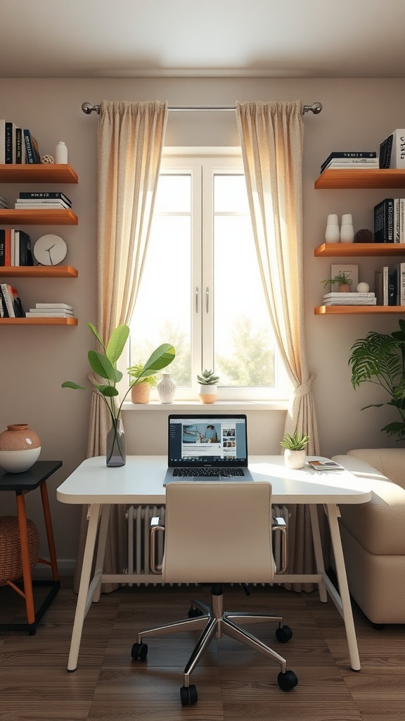 A cozy home office with a white desk, a laptop, and wall shelves displaying books and plants