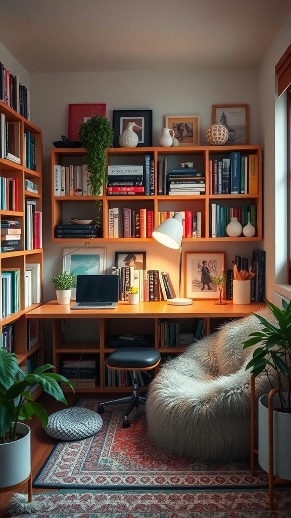 Cozy home library featuring a fold-out desk, bookshelves, and a comfortable reading area