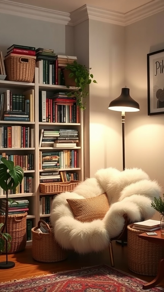 Cozy home library with bookshelves, a fluffy chair, and woven baskets for storage.