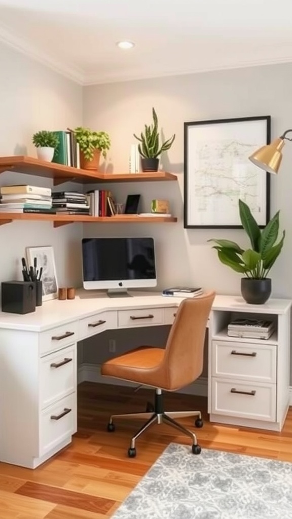 Cozy corner office setup with a wooden desk, laptop, comfortable chair, and plants.