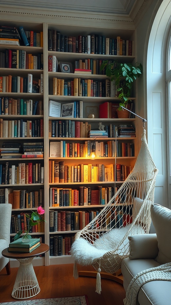 Cozy corner of a home library with bookshelves, a hanging chair, and plants