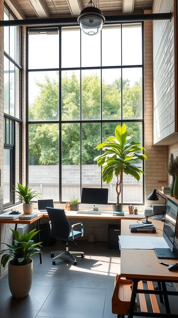 Bright industrial office space with large windows and modern furniture