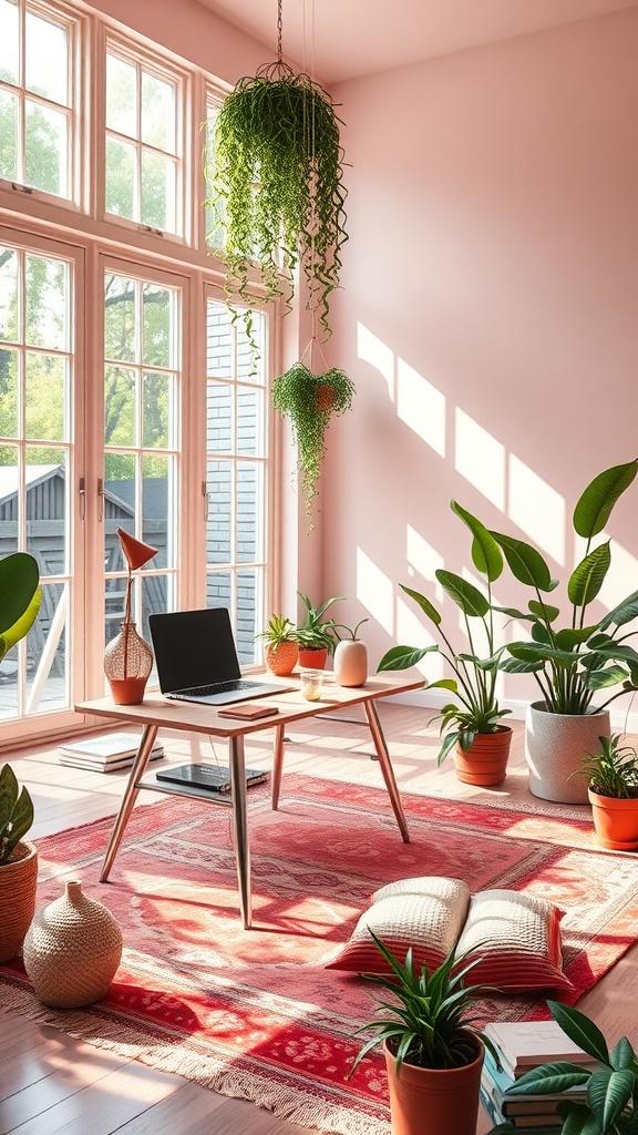 A cozy boho office featuring large windows, plants, a desk, and a colorful rug