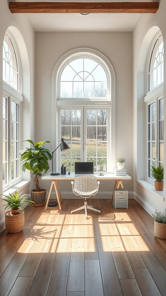 A cozy home office with large windows, plants, and a tidy desk setup, showcasing natural light.