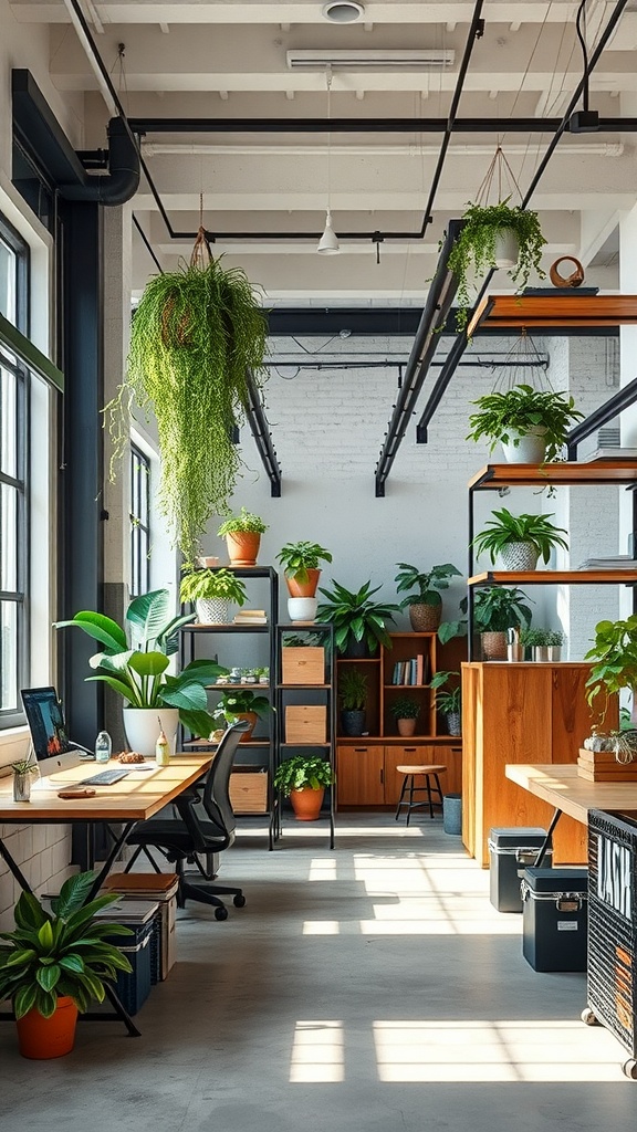 Bright industrial office space with high ceilings, plants, and open shelves.