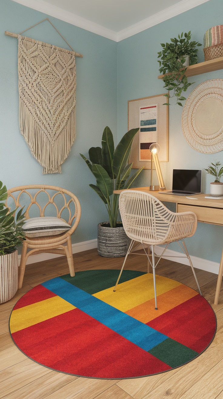 A vibrant circular rug with color blocks in a home office setting, featuring plants, a desk, and decorative wall art.