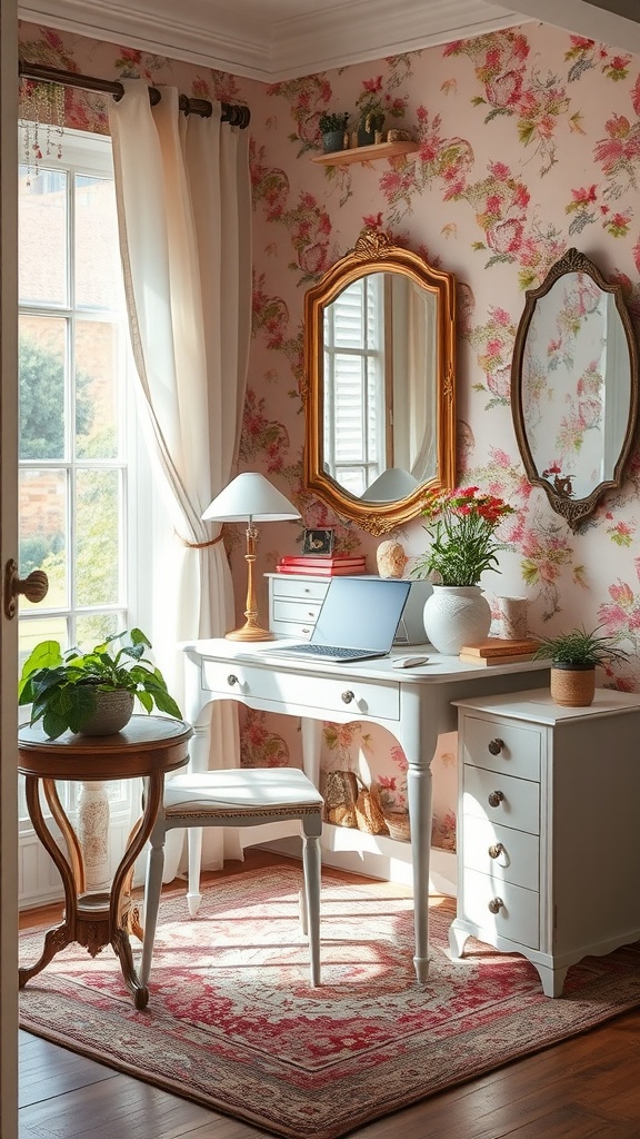 A cozy office nook featuring a vintage accent table, floral wallpaper, and a modern desk.