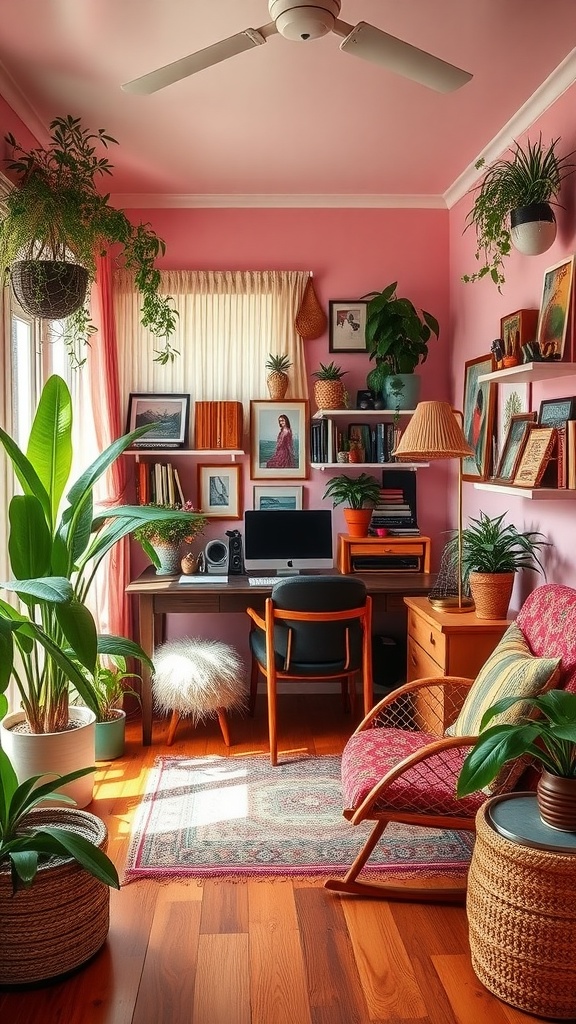 A cozy boho office featuring pink walls, vintage furniture, plants, and a stylish desk