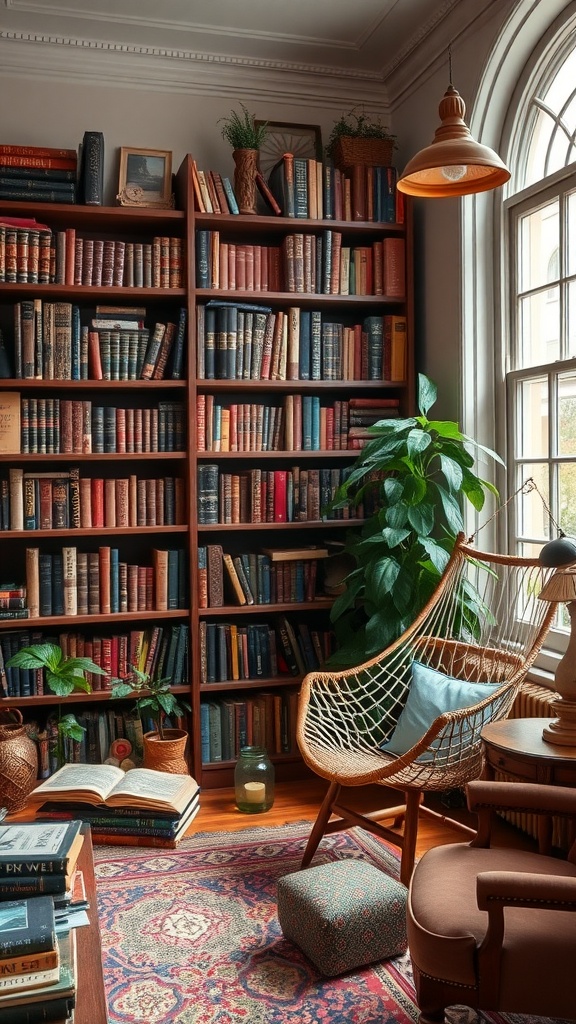 A cozy home library with vintage bookshelves, a hammock chair, and plants.