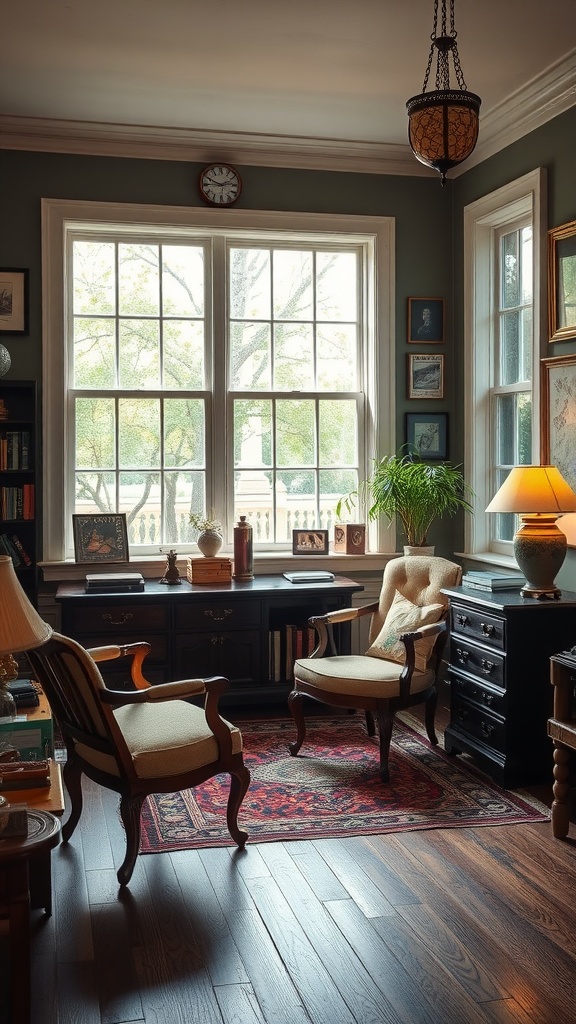 Cozy sunroom with antique furniture, large windows, and plants.