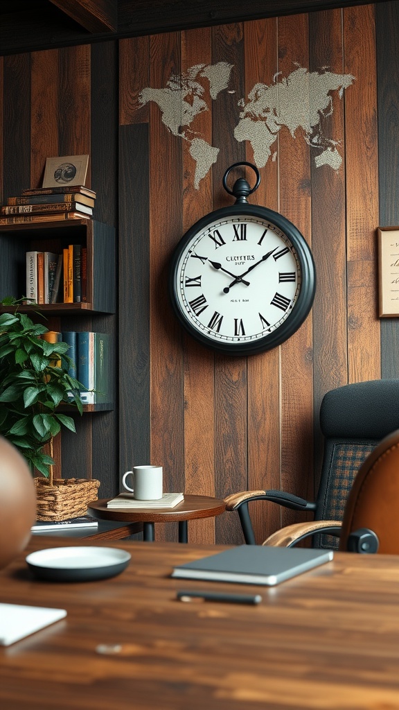 A vintage black wall clock with Roman numerals on a wooden paneled wall, surrounded by books and plants in a cozy office setting.