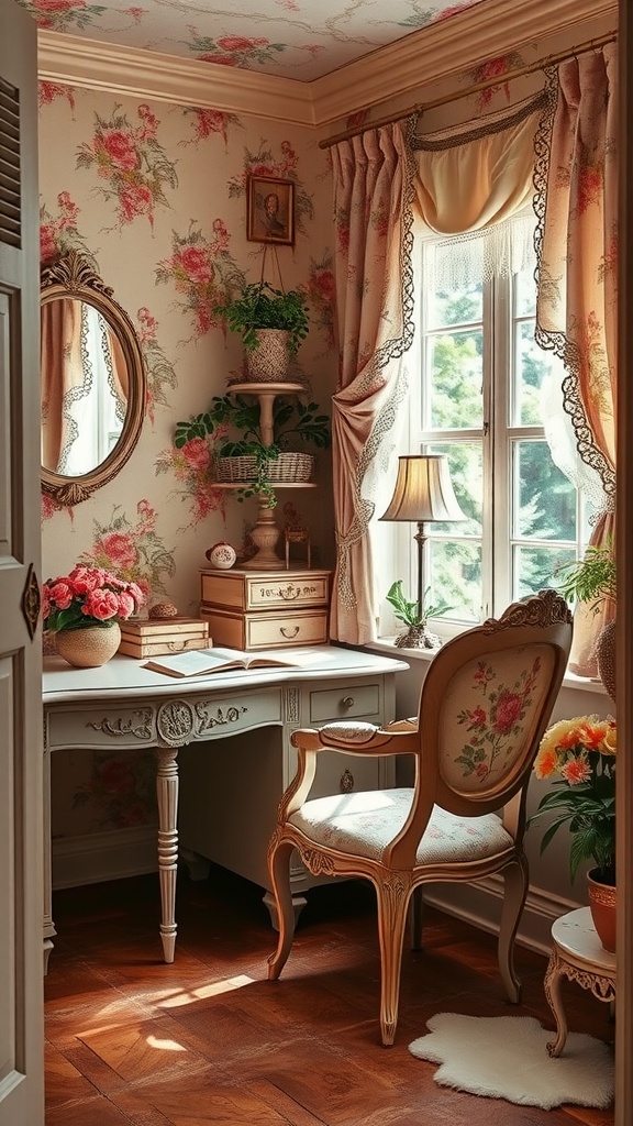 A cozy vintage home office with floral wallpaper, a wooden desk, and elegant curtains.