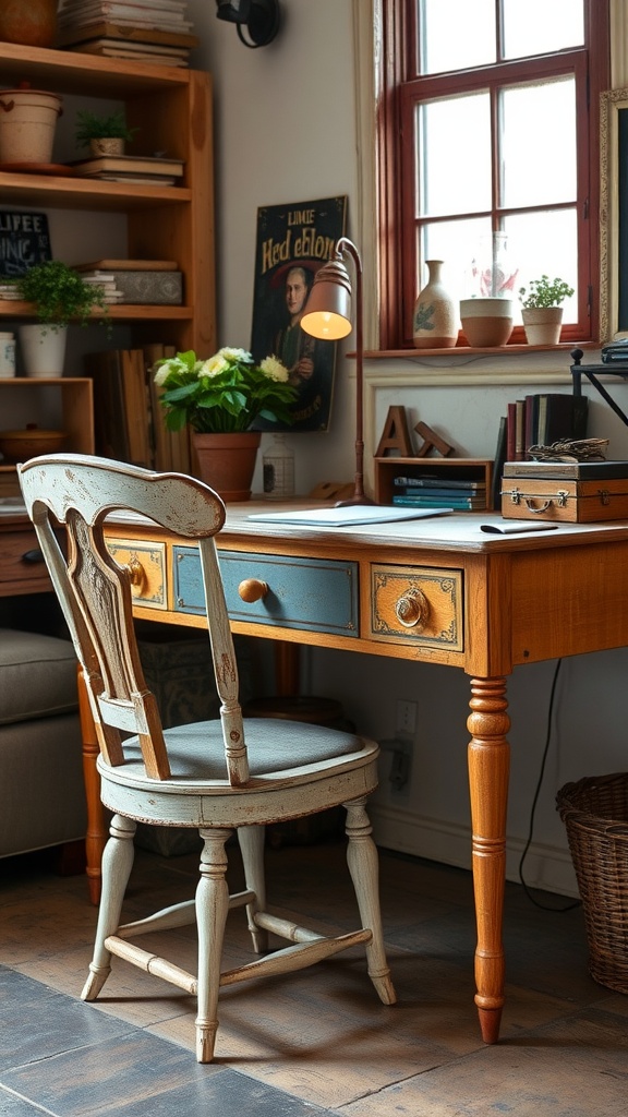 A vintage wooden desk with a patterned chair, coffee mug, and wall decor in a rustic office setting.