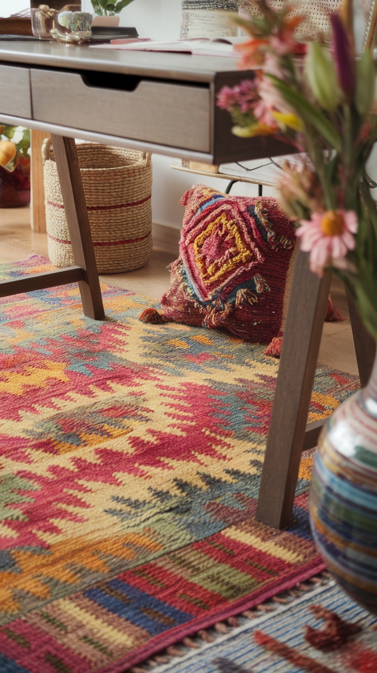 A colorful vintage Kilim rug placed under a wooden desk in a cozy office space, with decorative pillows and a vase of flowers.