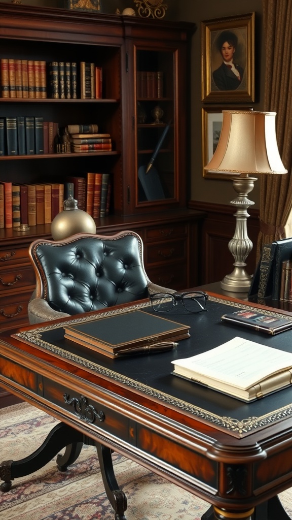 A vintage leather desk adorned with books, a brass lamp, and a classic clock, set against richly paneled walls.