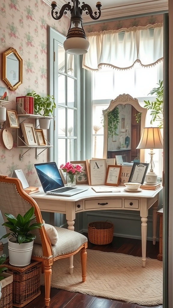 A cozy vintage office nook featuring a desk with a laptop, framed stationery, and plants, all accented by floral wallpaper and stylish curtains.