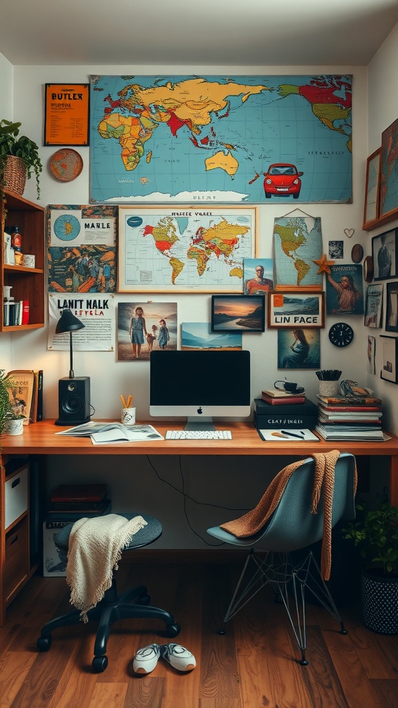 A cozy workspace featuring a large world map, wooden desk, and travel-themed decor