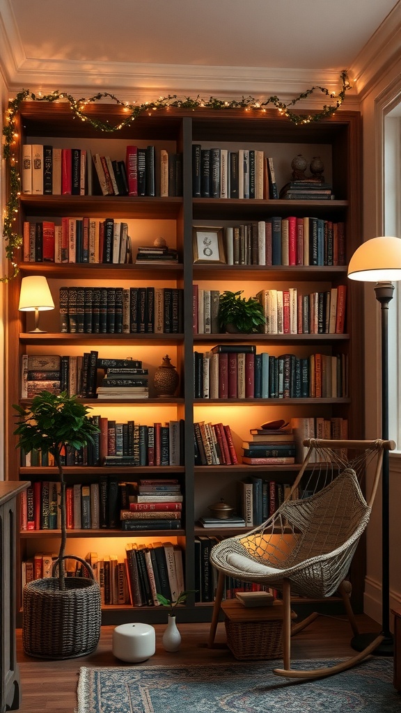 A cozy home library with warm lighting, featuring bookshelves filled with books, fairy lights, and a comfortable chair.