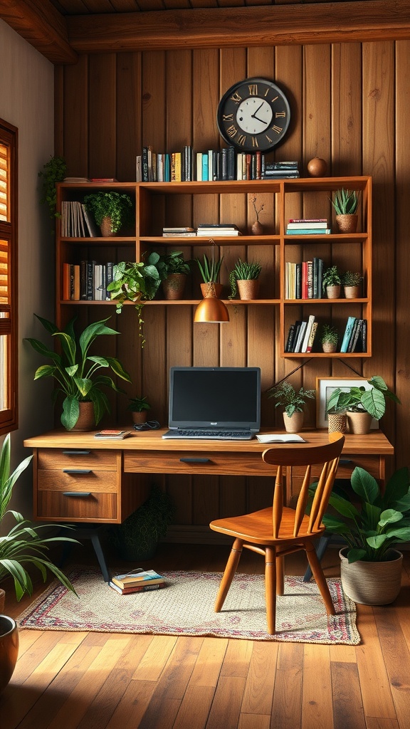 Cozy home office with wooden walls, a desk, and plants