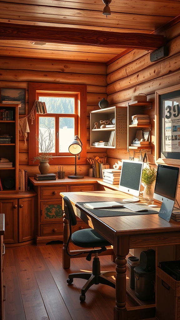 Cozy rustic office with wooden accents, natural light, and a comfortable desk setup.