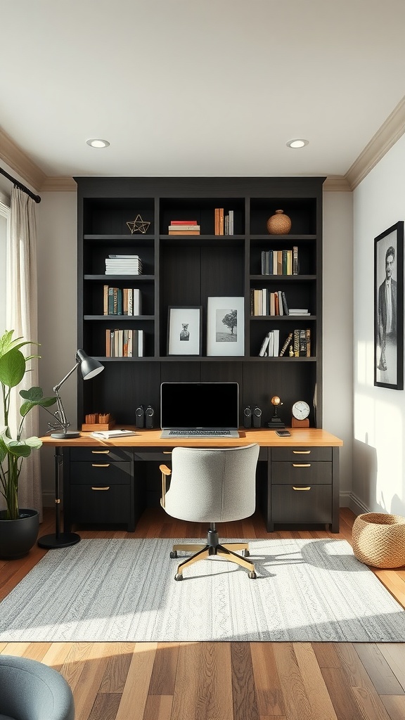 Elegant home office with dark wooden desk, bookshelves, and stylish decor.