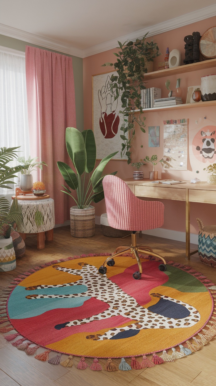 A vibrant home office featuring a round rug with a giraffe print, surrounded by plants and stylish furniture.