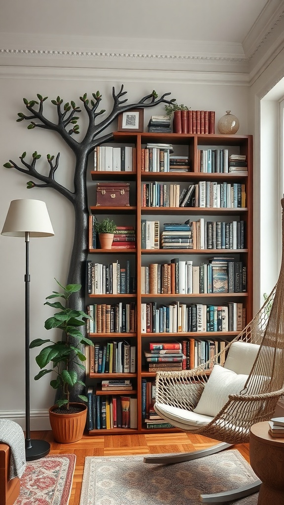 A cozy home library featuring a whimsical bookshelf shaped like a tree, filled with books, plants, and a comfortable rocking chair.