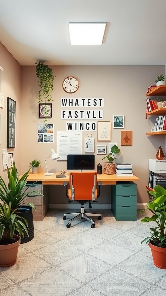 A cozy and whimsical home office setup with plants, colorful decor, and motivational wall art.