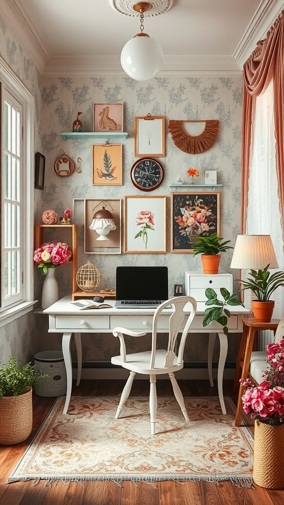 Cozy shabby chic home office with vintage decor and whimsical art pieces.