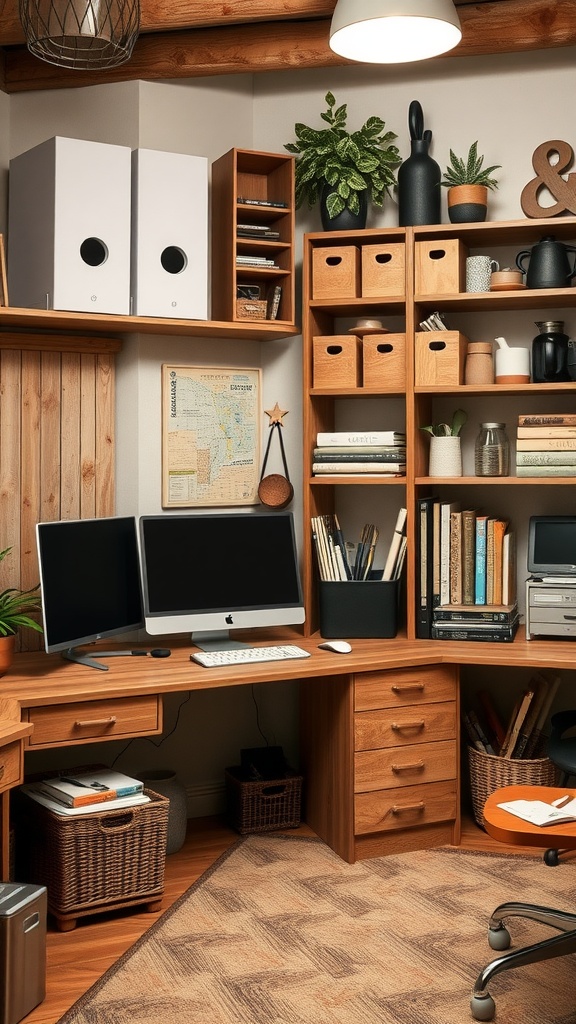 A well-organized rustic home office with wooden shelves, plants, and dual monitors.