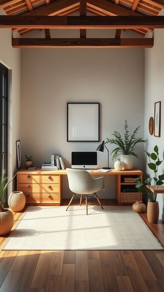 A zen-inspired office interior design featuring a wooden desk, a cozy chair, plants, and warm lighting.