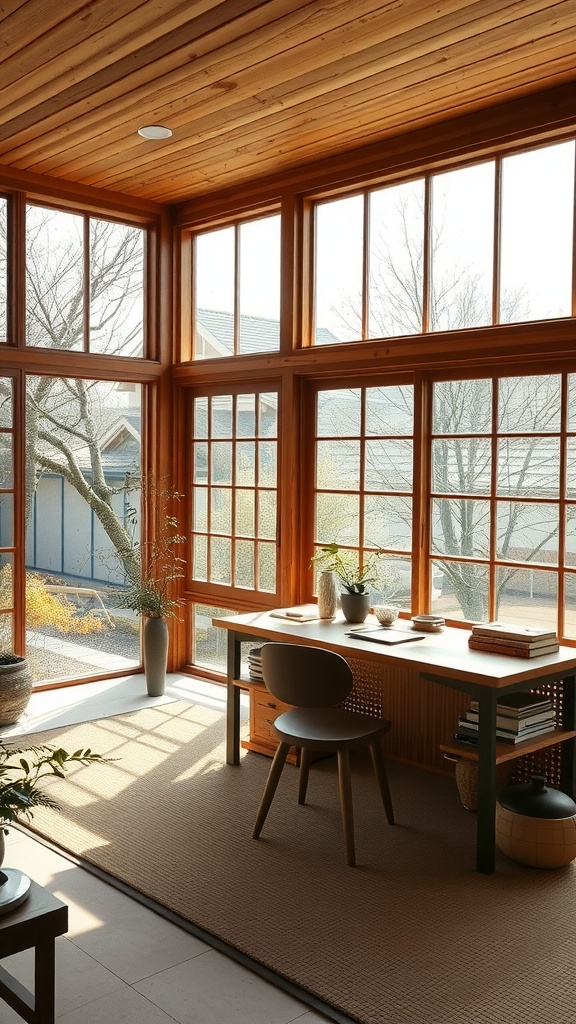 A bright sunroom workspace with a wooden desk, large windows, and plants, promoting a peaceful work environment.