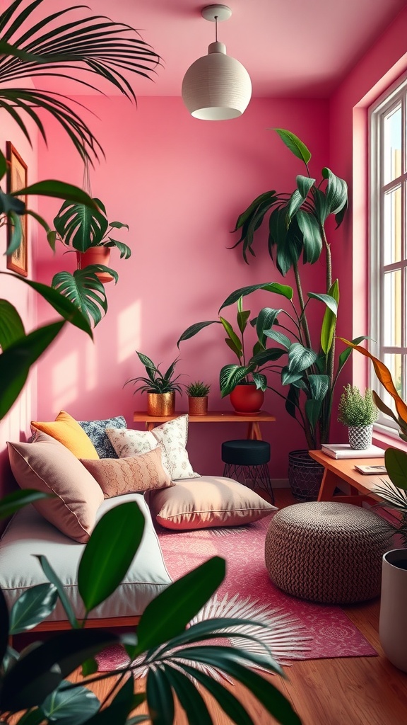 A cozy boho-inspired office space with pink walls, plants, and comfortable seating, perfect for work and relaxation.