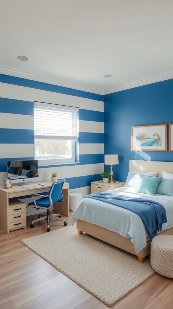 Cozy bedroom with blue and white striped accent wall, featuring a desk and stylish decor