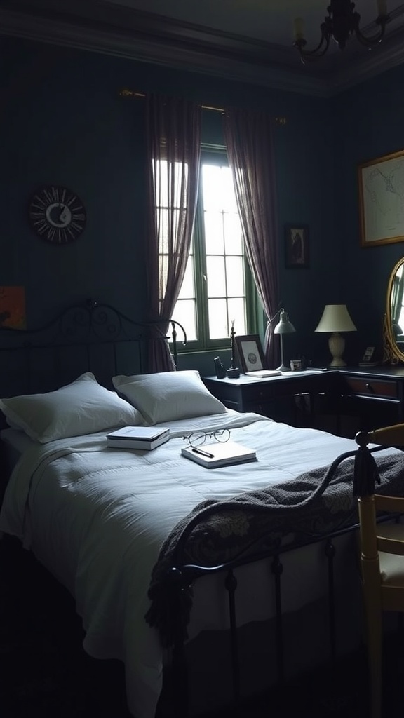 Aesthetic bedroom setup with a cozy atmosphere featuring a bed, desk, and books.