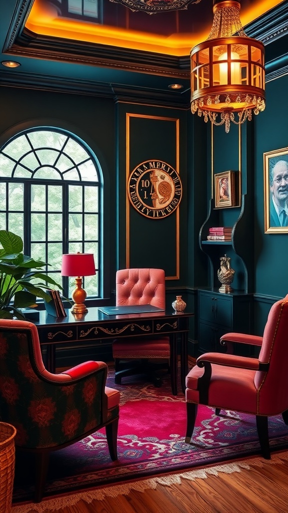 An elegant Art Deco glam home office featuring blue-green walls, gold accents, pink chairs, and a vintage chandelier.