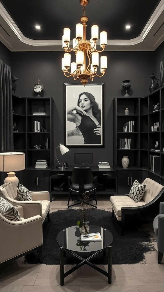 A glamorous Art Deco inspired black and white home office featuring elegant furniture and decor.