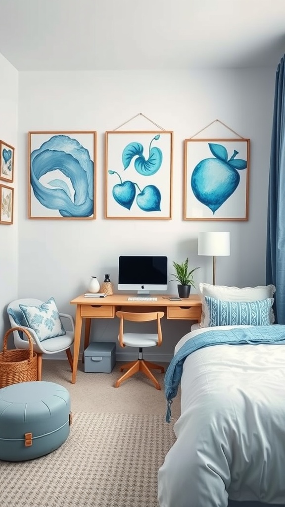 A serene bedroom featuring blue and white wall hangings, a cozy desk setup, and a neatly made bed.