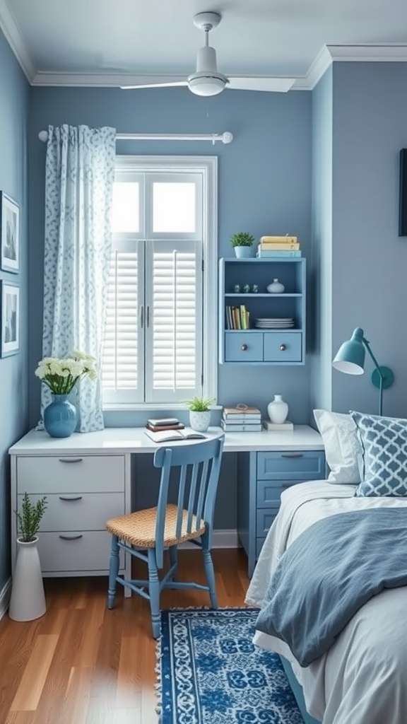 A serene blue and white bedroom featuring a cozy desk, artisan crafted furniture, and a warm aesthetic.