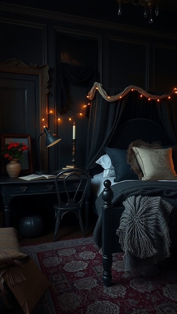 Dark and moody bedroom with artisan handmade decor, showcasing a cozy and inviting atmosphere.