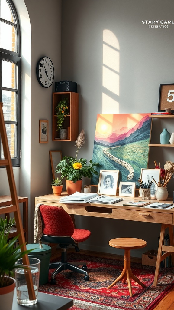 Cozy artistic home office with a desk, plants, and colorful artwork.