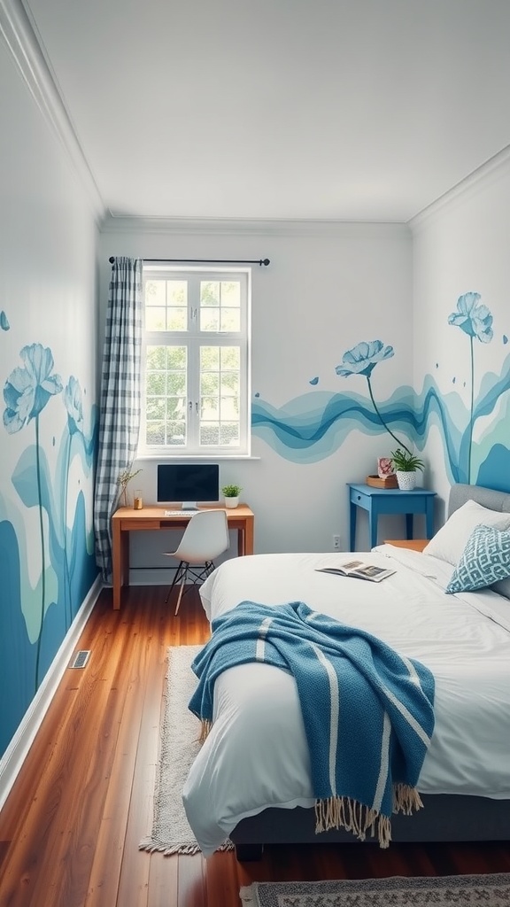 A bedroom with blue and white mural walls, a cozy desk, and warm wooden flooring.