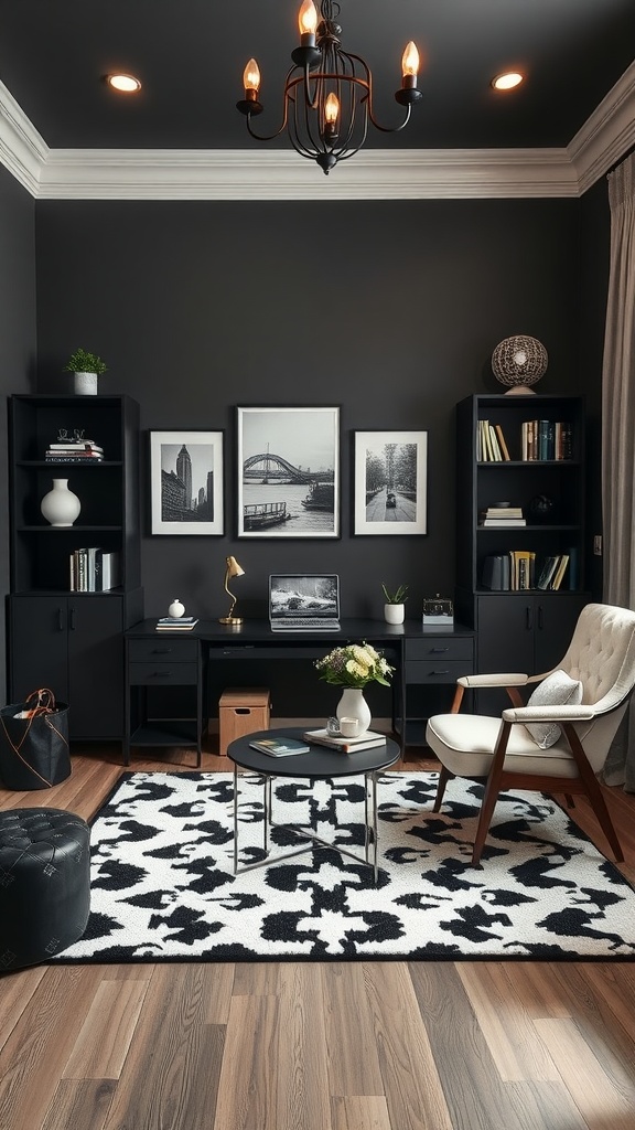 A stylish home office featuring a black and white accent rug, dark walls, and elegant furniture.