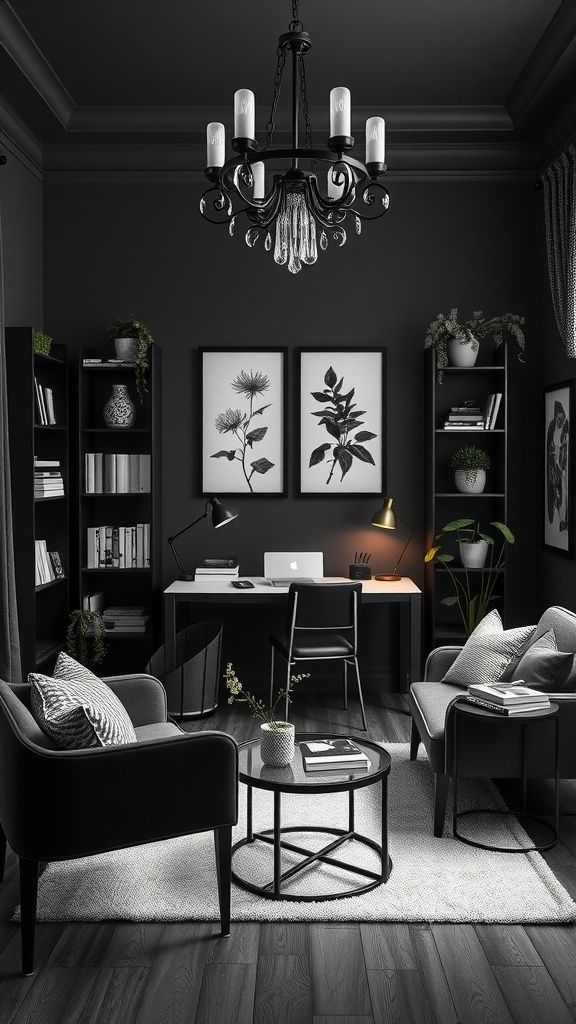 Black and white botanical prints in a stylish home office setting