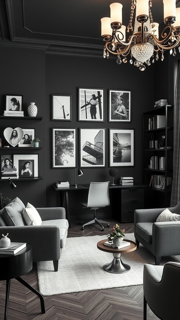 A stylish black and white home office featuring a photography display on the wall, a chic desk, and elegant furniture.