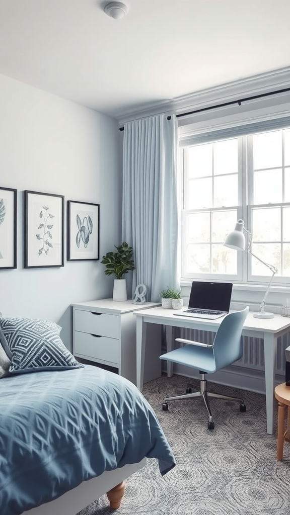 A serene bedroom with a cozy desk setup, showcasing a blend of comfort and a stylish work environment.