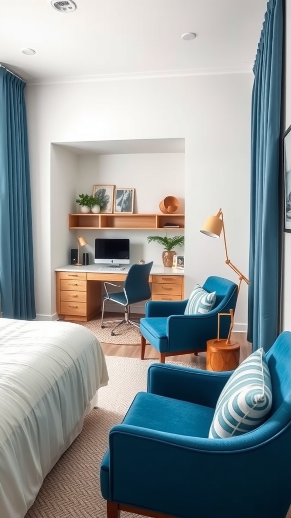 A stylish bedroom featuring blue accent chairs, a cozy desk, and a minimalist office nook.