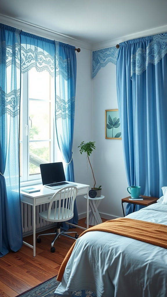 A cozy bedroom office featuring blue lace curtains, a white desk, and a warm blanket on the bed.